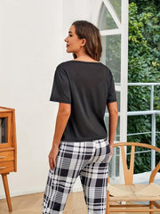 Heart Print Pajama Set Short Sleeve Top & Plaid Pants Women's Sleepwear