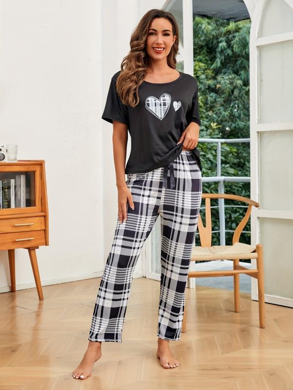 Heart Print Pajama Set Short Sleeve Top & Plaid Pants Women's Sleepwear