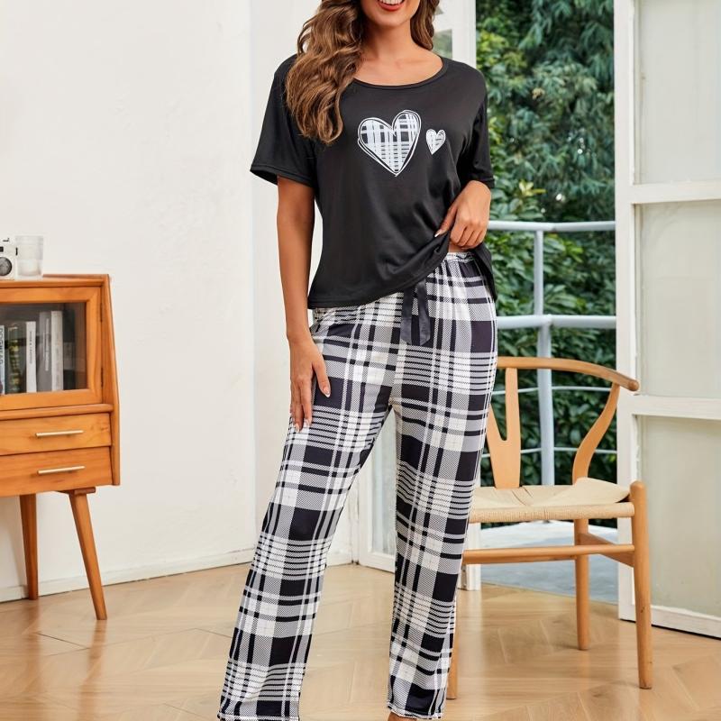 Heart Print Pajama Set Short Sleeve Top & Plaid Pants Women's Sleepwear