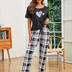 Heart Print Pajama Set Short Sleeve Top & Plaid Pants Women's Sleepwear