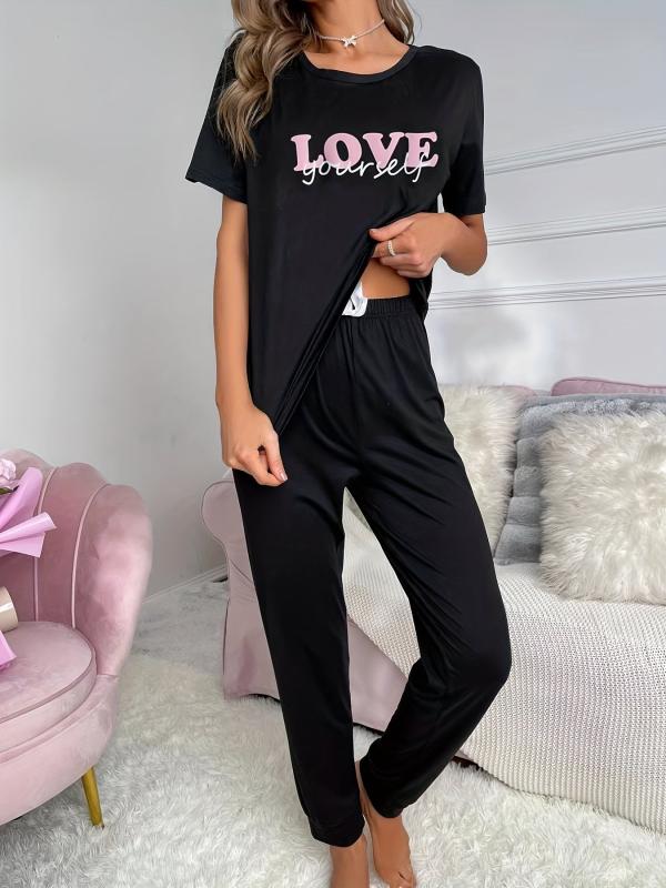 Letter Print Pajama Set Top & Pants Women's Loungewear