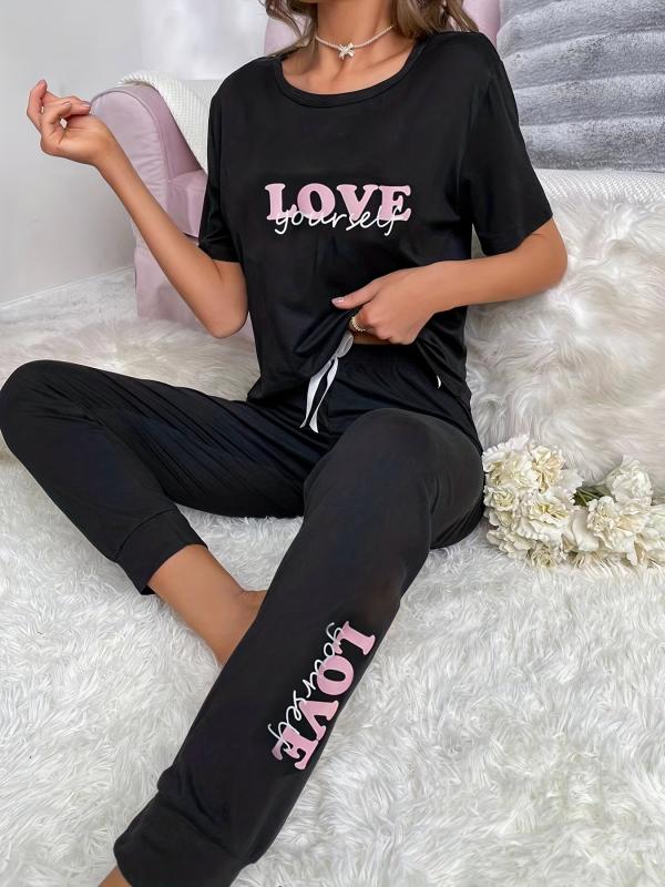 Letter Print Pajama Set Top & Pants Women's Loungewear
