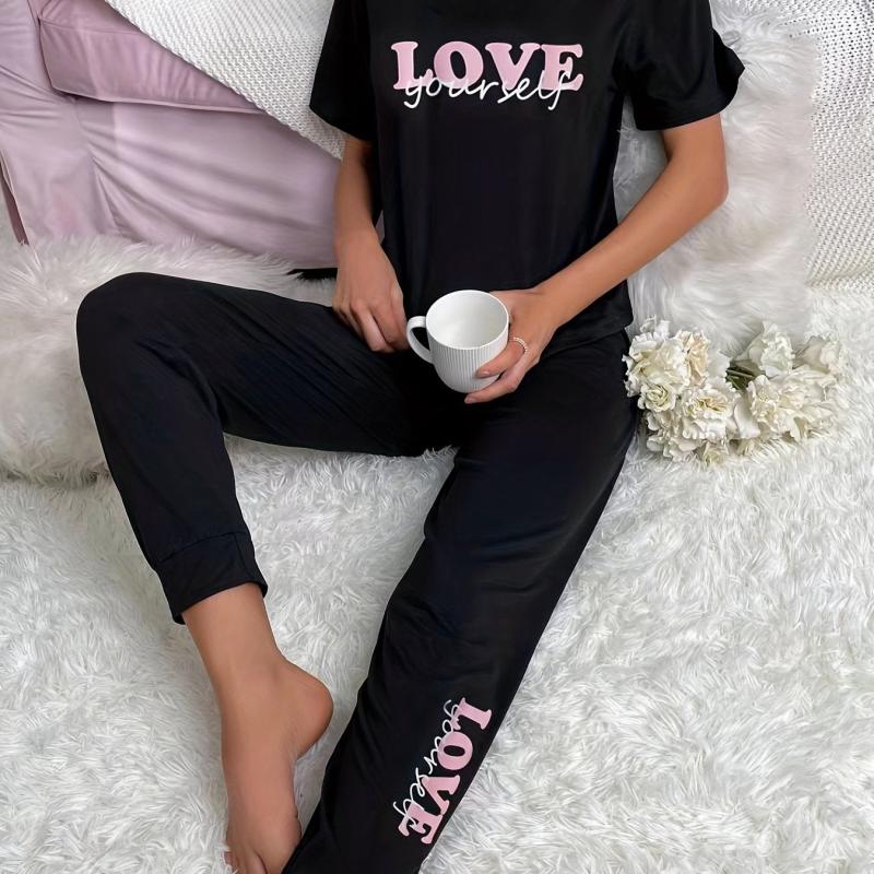 Letter Print Pajama Set Top & Pants Women's Loungewear