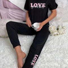 Letter Print Pajama Set Top & Pants Women's Loungewear