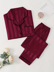 Striped Satin Pajama Set Long Sleeve Top & Lounge Pants