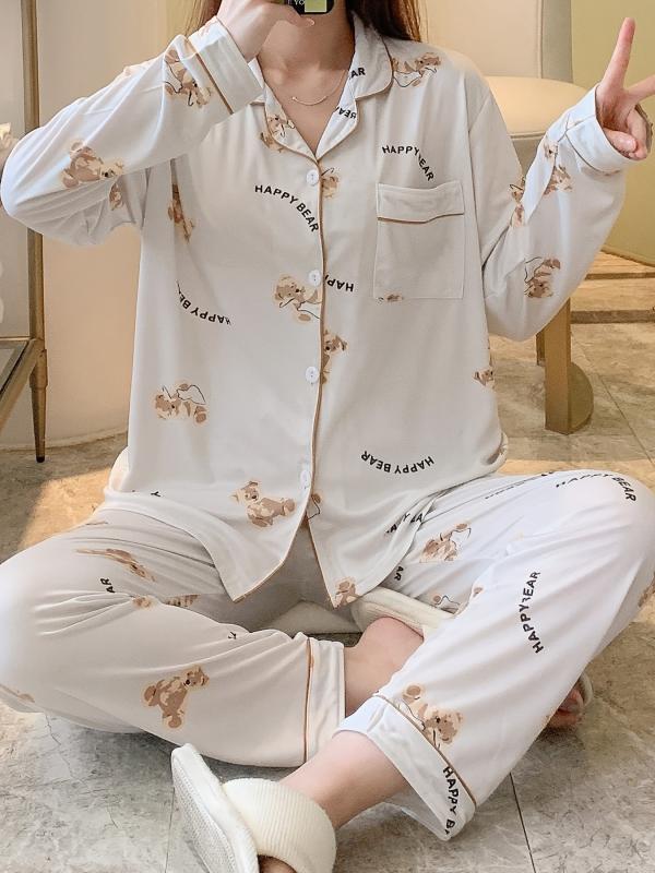 Cartoon Bear Print Pajama Set Long Sleeve Blouse & Pants Women's Loungewear