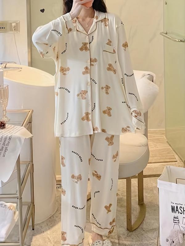Cartoon Bear Print Pajama Set Long Sleeve Blouse & Pants Women's Loungewear