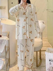 Cartoon Bear Print Pajama Set Long Sleeve Blouse & Pants Women's Loungewear