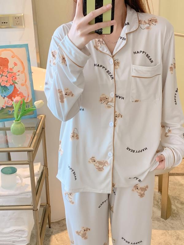 Cartoon Bear Print Pajama Set Long Sleeve Blouse & Pants Women's Loungewear