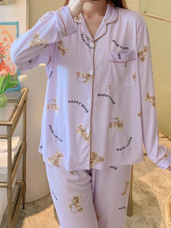 Cartoon Bear Print Pajama Set Long Sleeve Blouse & Pants Women's Loungewear