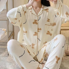Cartoon Bear Print Pajama Set Long Sleeve Blouse & Pants Women's Loungewear