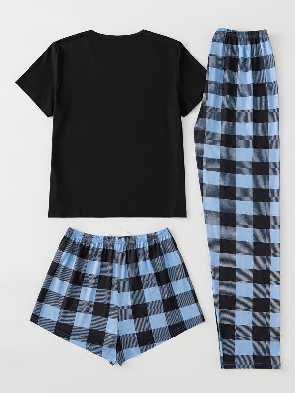 Plaid Pajama Set Short Sleeve Top & Shorts & Bow Pants