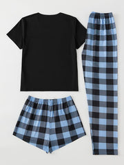 Plaid Pajama Set Short Sleeve Top & Shorts & Bow Pants