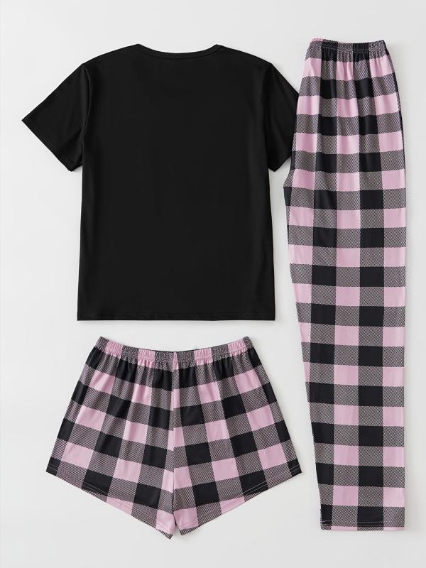 Plaid Pajama Set Short Sleeve Top & Shorts & Bow Pants