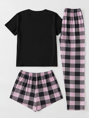 Plaid Pajama Set Short Sleeve Top & Shorts & Bow Pants