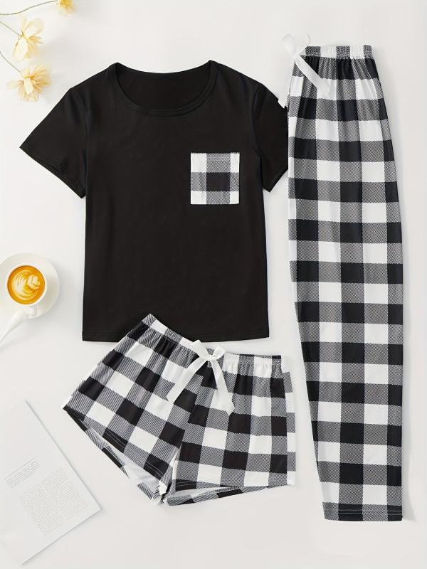 Plaid Pajama Set Short Sleeve Top & Shorts & Bow Pants