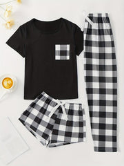 Plaid Pajama Set Short Sleeve Top & Shorts & Bow Pants