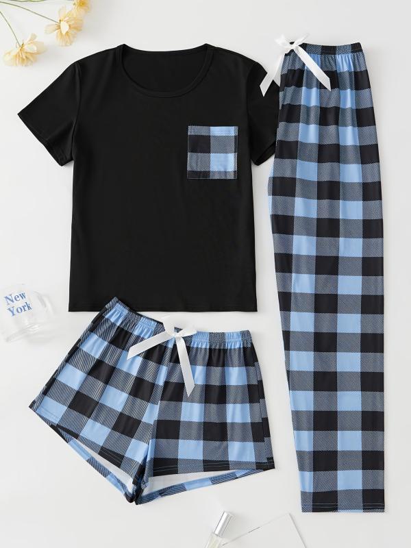 Plaid Pajama Set Short Sleeve Top & Shorts & Bow Pants