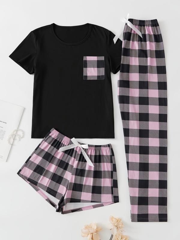 Plaid Pajama Set Short Sleeve Top & Shorts & Bow Pants