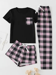Plaid Pajama Set Short Sleeve Top & Shorts & Bow Pants