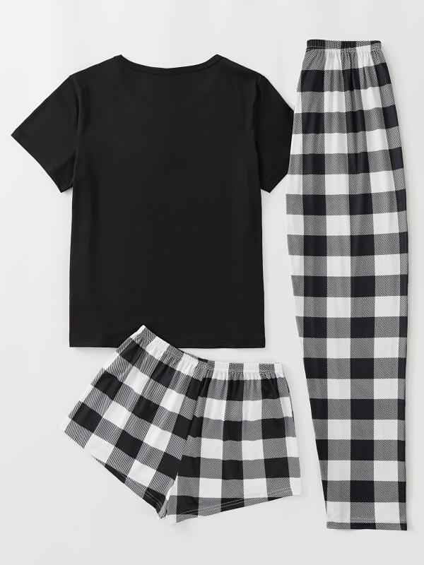 Plaid Pajama Set Short Sleeve Top & Shorts & Bow Pants
