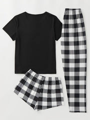 Plaid Pajama Set Short Sleeve Top & Shorts & Bow Pants