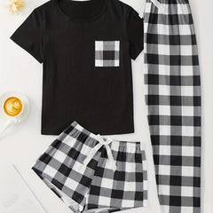 Plaid Pajama Set Short Sleeve Top & Shorts & Bow Pants