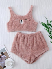 Bear Print Pajama Set Crew Neck Tank Top & Shorts
