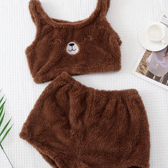 Bear Print Pajama Set Crew Neck Tank Top & Shorts