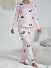 Cartoon Donut Print Pajama Set Long Sleeve Top & Pants