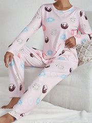 Cartoon Donut Print Pajama Set Long Sleeve Top & Pants