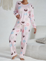 Cartoon Donut Print Pajama Set Long Sleeve Top & Pants