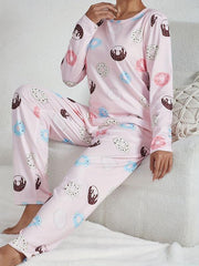 Cartoon Donut Print Pajama Set Long Sleeve Top & Pants