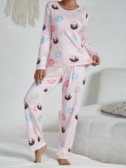 Cartoon Donut Print Pajama Set Long Sleeve Top & Pants
