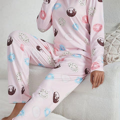 Cartoon Donut Print Pajama Set Long Sleeve Top & Pants
