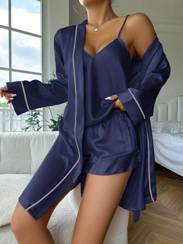 Satin Pajama Set Long Sleeve Robe & V Neck Cami Top & Shorts