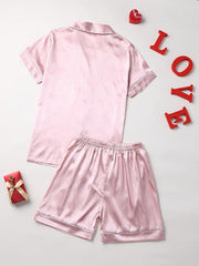 Heart Pattern Pajama Set Short Sleeve Blouse & Shorts