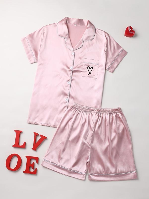 Heart Pattern Pajama Set Short Sleeve Blouse & Shorts