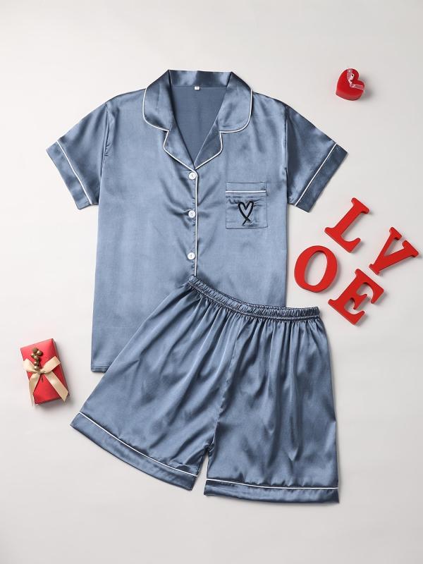 Heart Pattern Pajama Set Short Sleeve Blouse & Shorts