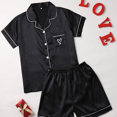 Heart Pattern Pajama Set Short Sleeve Blouse & Shorts