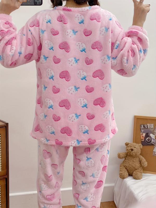 Heart & Strawberry Print Pajama Set Long Sleeve Top & Flannel Lounge