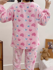 Heart & Strawberry Print Pajama Set Long Sleeve Top & Flannel Lounge