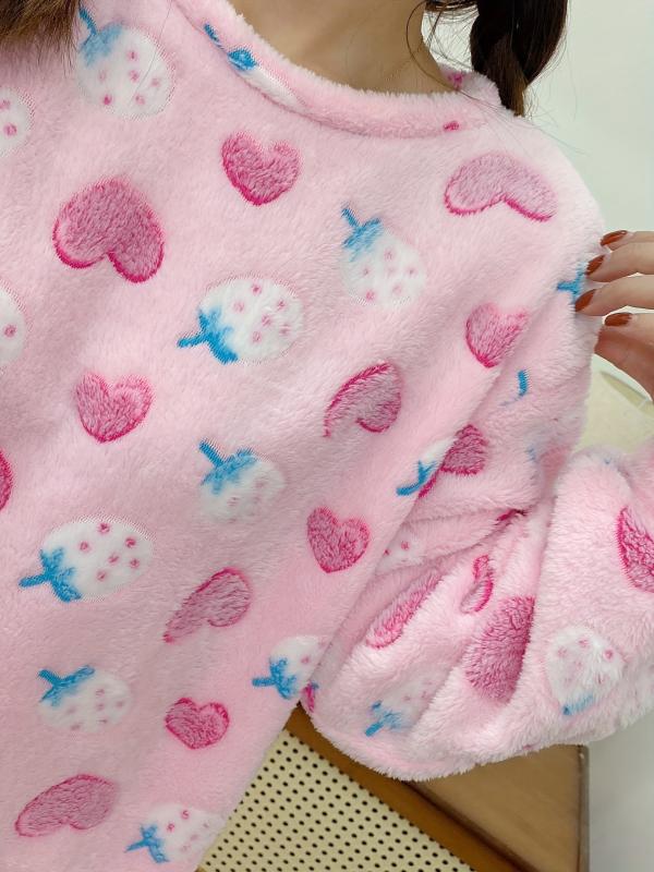 Heart & Strawberry Print Pajama Set Long Sleeve Top & Flannel Lounge