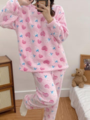 Heart & Strawberry Print Pajama Set Long Sleeve Top & Flannel Lounge