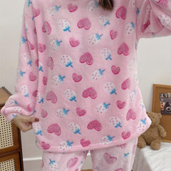 Heart & Strawberry Print Pajama Set Long Sleeve Top & Flannel Lounge