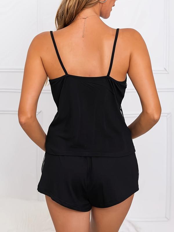 Mesh Stitching Pajama Set Cami Top & Cozy Shorts Loungewear