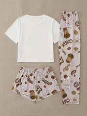 Cake Print Pajama Set Short Sleeve Top & Shorts & Pants