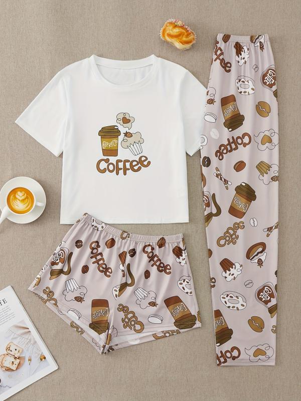 Cake Print Pajama Set Short Sleeve Top & Shorts & Pants
