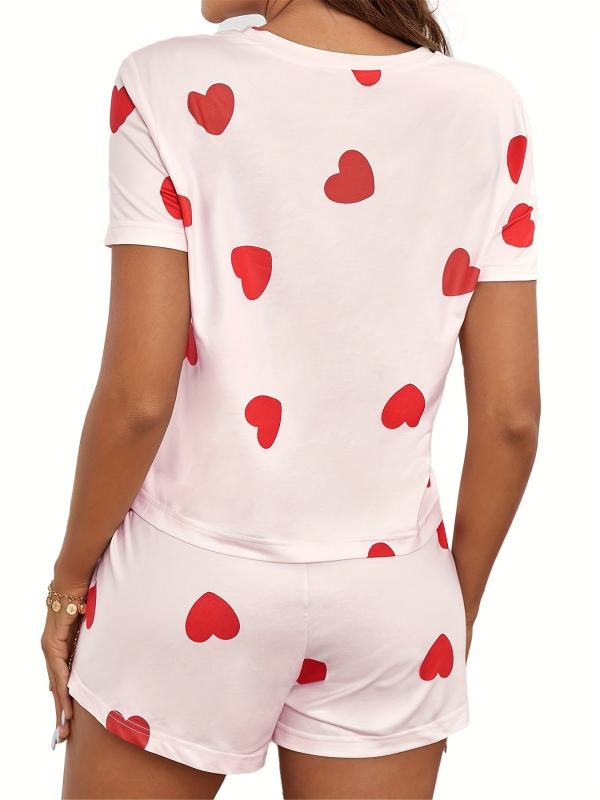Heart Pattern Pajamas Set Short Sleeve Top & Shorts PJ Set Women