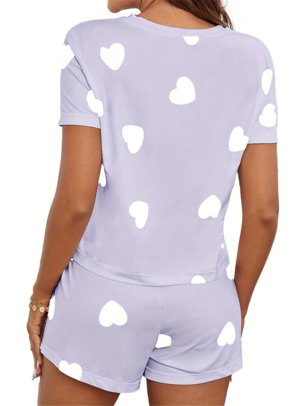 Heart Pattern Pajamas Set Short Sleeve Top & Shorts PJ Set Women